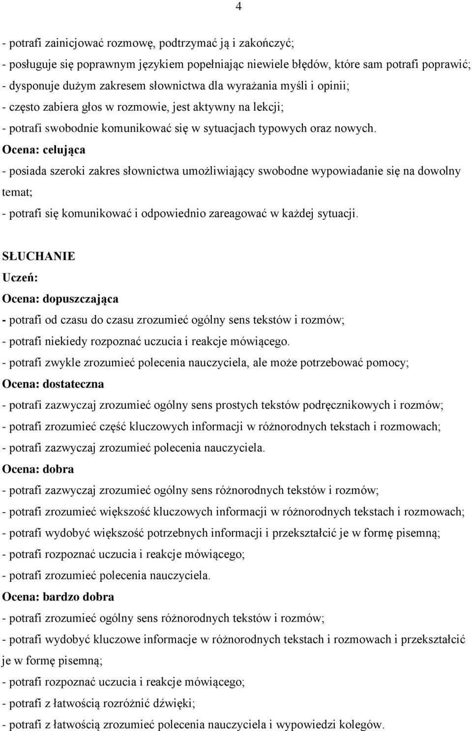 - posiada szeroki zakres słownictwa umożliwiający swobodne wypowiadanie się na dowolny temat; - potrafi się komunikować i odpowiednio zareagować w każdej sytuacji.