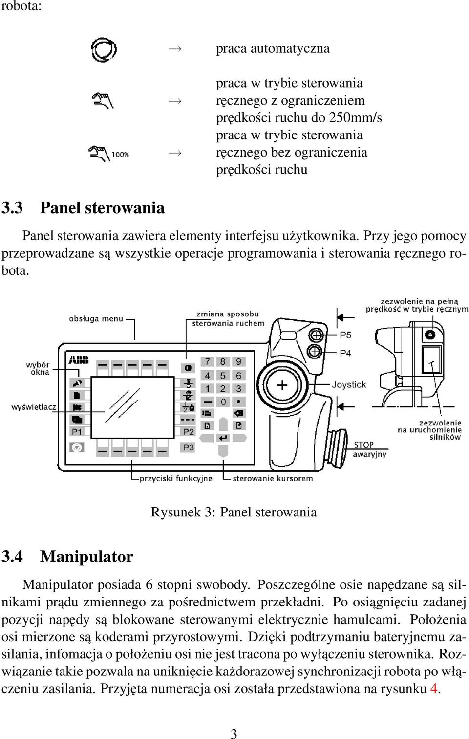 Rysunek 3: Panel sterowania 3.4 Manipulator Manipulator posiada 6 stopni swobody. Poszczególne osie napędzane są silnikami prądu zmiennego za pośrednictwem przekładni.