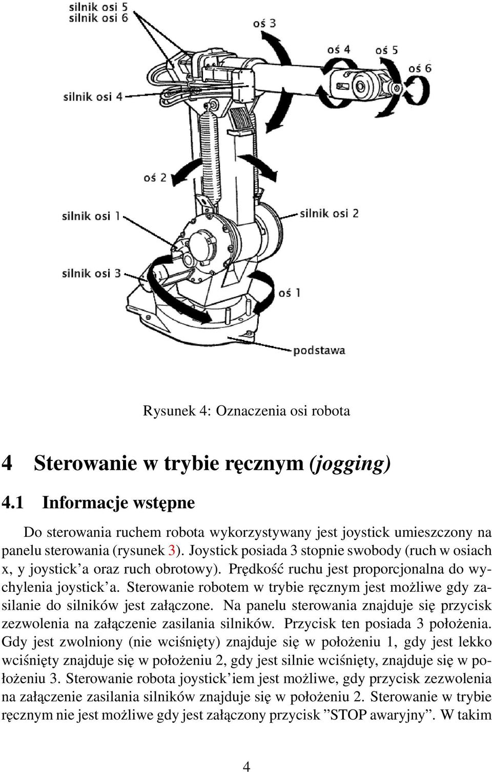 Sterowanie robotem w trybie ręcznym jest możliwe gdy zasilanie do silników jest załączone. Na panelu sterowania znajduje się przycisk zezwolenia na załączenie zasilania silników.