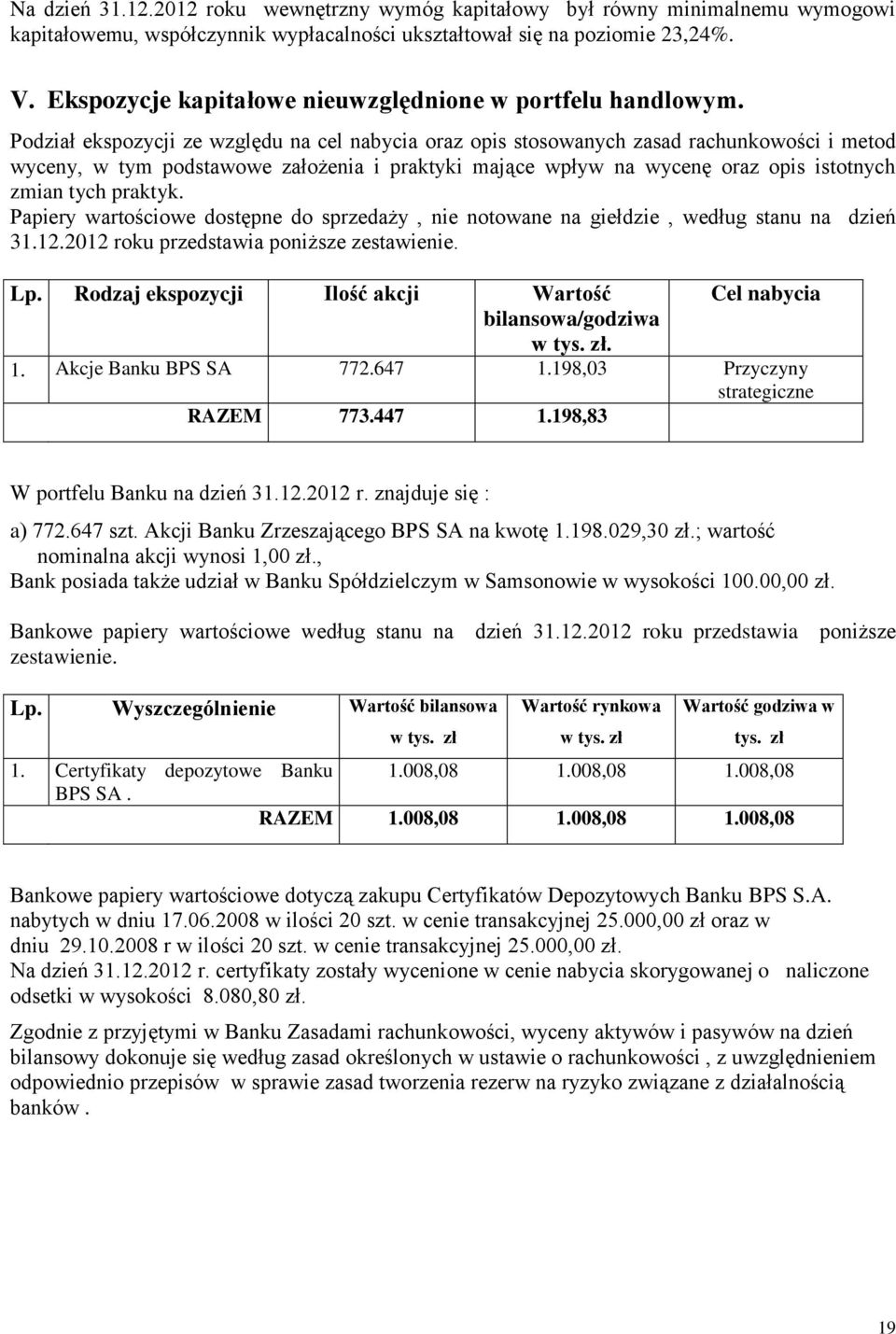 Podział ekspozycji ze względu na cel nabycia oraz opis stosowanych zasad rachunkowości i metod wyceny, w tym podstawowe założenia i praktyki mające wpływ na wycenę oraz opis istotnych zmian tych