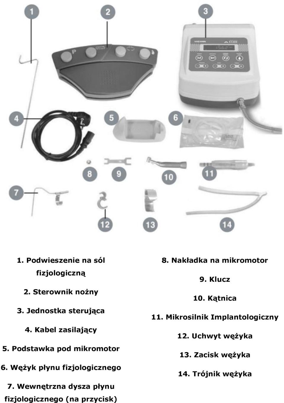 Wewnętrzna dysza płynu fizjologicznego (na przycisk) 8. Nakładka na mikromotor 9.