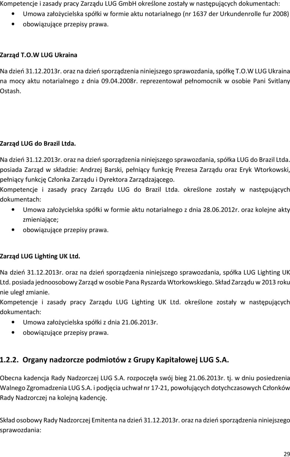 reprezentował pełnomocnik w osobie Pani Svitlany Ostash. Zarząd LUG Brazil Ltda. Na dzień 31.12.2013r. oraz na dzień sporządzenia niniejszego sprawozdania, spółka LUG Brazil Ltda.