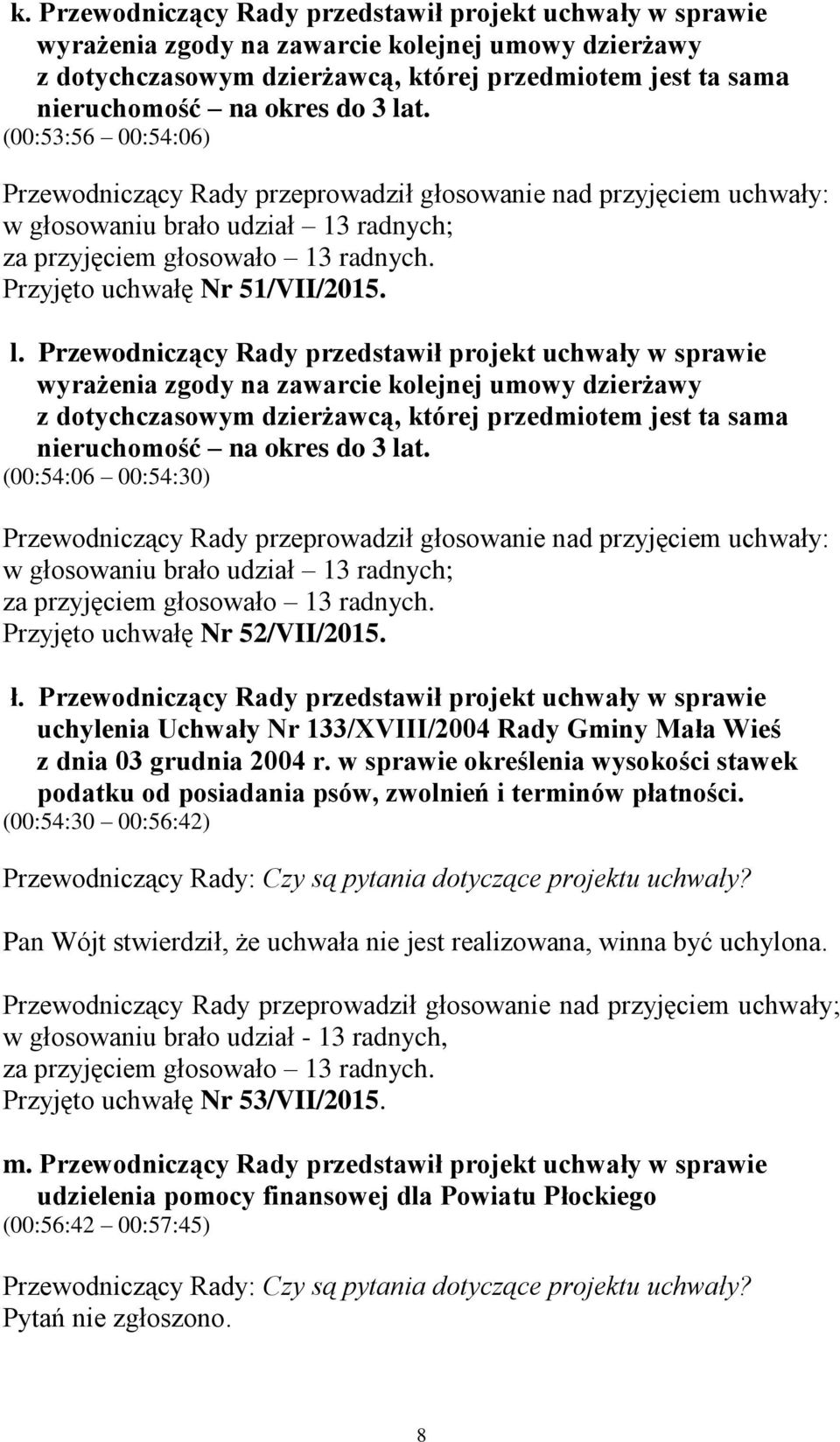 dzierżawcą, której przedmiotem jest ta sama nieruchomość na okres do 3 lat. (00:54:06 00:54:30) Przyjęto uchwałę Nr 52/VII/2015. ł.