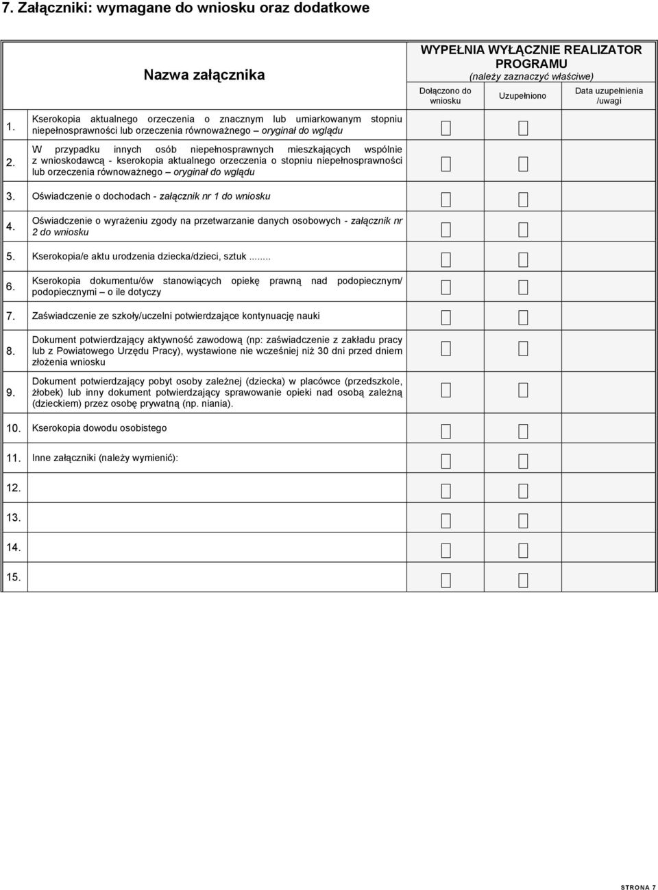 mieszkających wspólnie z wnioskodawcą - kserokopia aktualnego orzeczenia o stopniu niepełnosprawności lub orzeczenia równoważnego oryginał do wglądu WYPEŁNIA WYŁĄCZNIE REALIZATOR PROGRAMU (należy