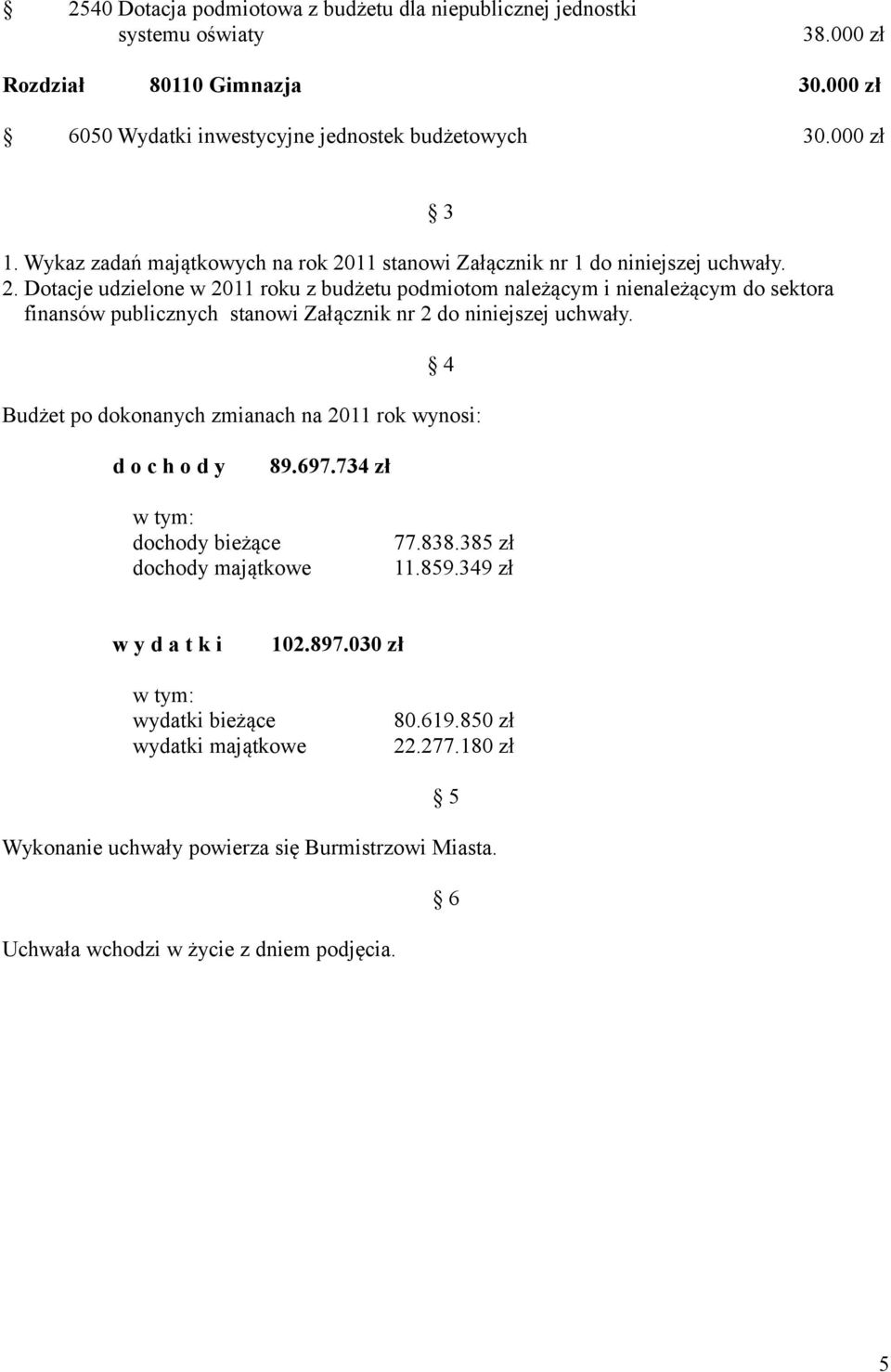 3 4 Budżet po dokonanych zmianach na 2011 rok wynosi: d o c h o d y 89.697.734 zł w tym: dochody bieżące dochody majątkowe 77.838.385 zł 11.859.349 zł w y d a t k i 102.897.