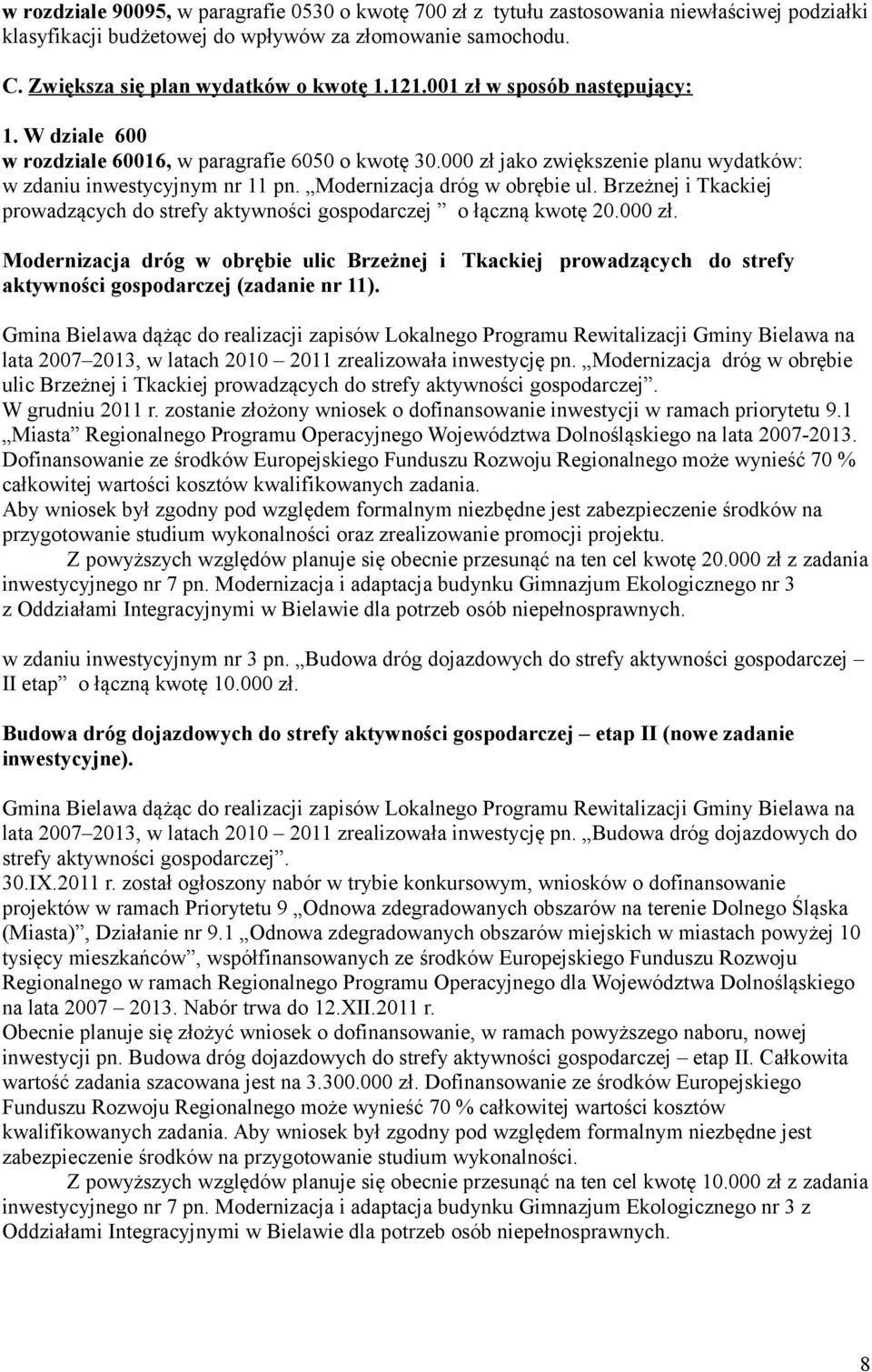 Modernizacja dróg w obrębie ul. Brzeżnej i Tkackiej prowadzących do strefy aktywności gospodarczej o łączną kwotę 20.000 zł.