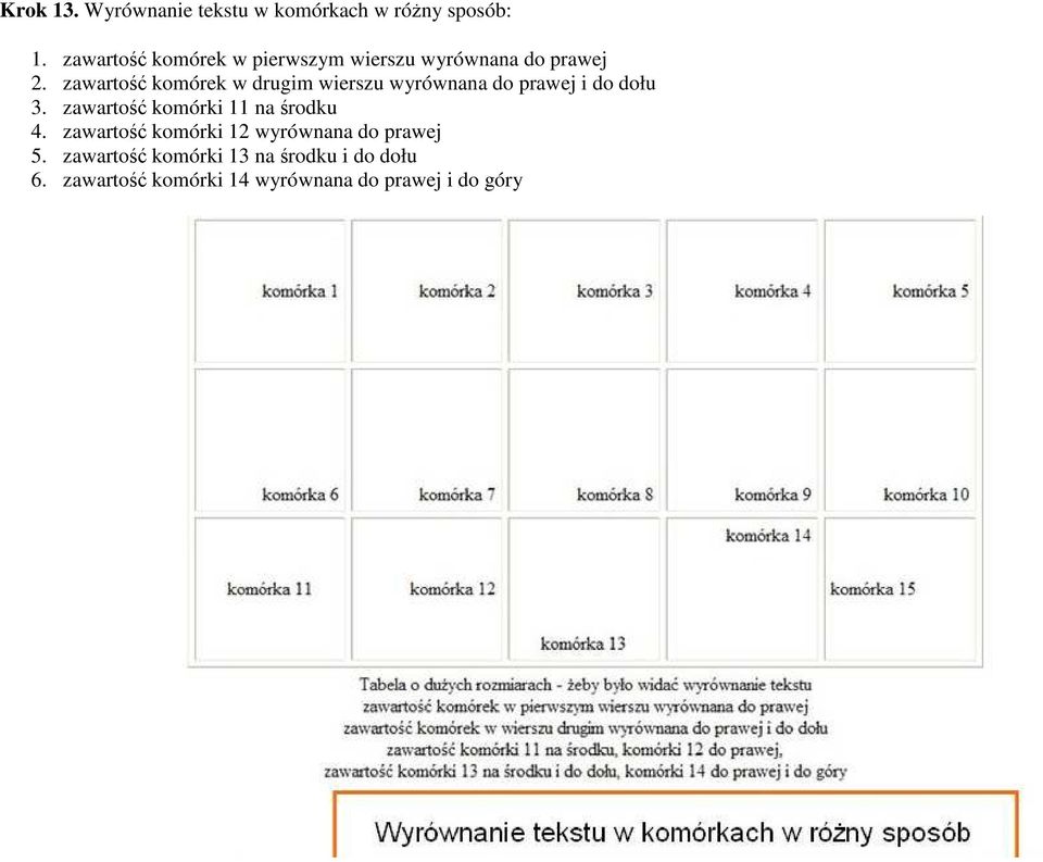 zawartość komórek w drugim wierszu wyrównana do prawej i do dołu 3.