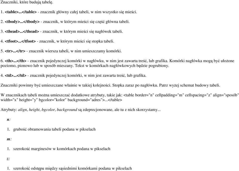 6. <th>...</th> - znacznik pojedynczej komórki w nagłówku, w nim jest zawarta treść, lub grafika. Komórki nagłówka mogą być ułoŝone poziomo, pionowo lub w sposób mieszany.