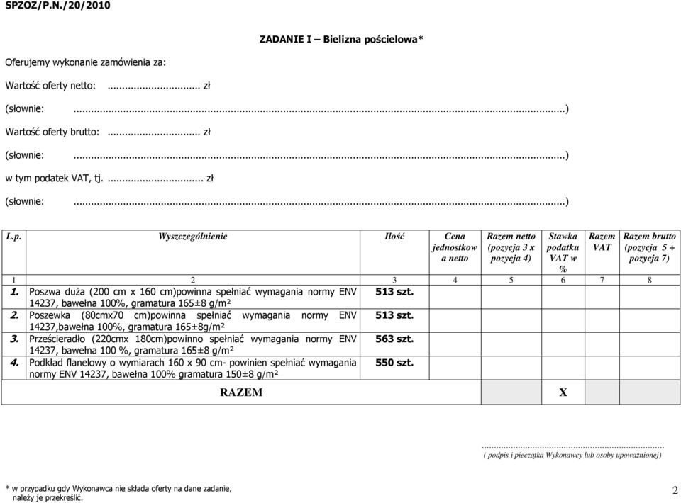 14237,bawełna 100%, gramatura 165±8g/m² 3. Prześcieradło (220cmx 180cm)powinno spełniać wymagania normy ENV 563 szt. 14237, bawełna 100 %, gramatura 165±8 g/m² 4.