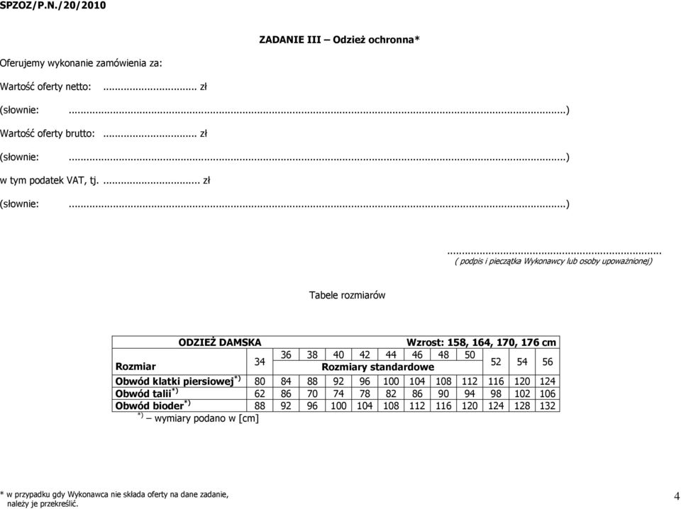 .. ( podpis i pieczątka Wykonawcy lub osoby upowaŝnionej) Tabele rozmiarów Rozmiar ODZIEś DAMSKA Wzrost: 158, 164, 170, 176 cm 36 38 40 42 44 46