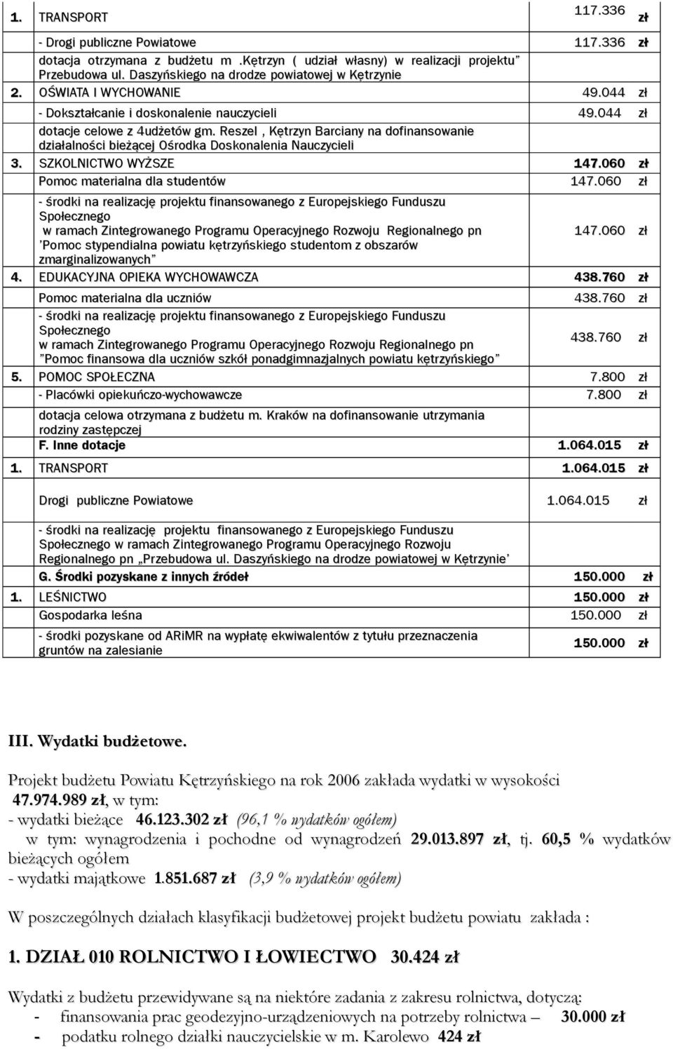 Reszel, Kętrzyn Barciany na dofinansowanie działalności bieżącej Ośrodka Doskonalenia Nauczycieli 3. SZKOLNICTWO WYŻSZE 147.060 zł Pomoc materialna dla studentów 147.