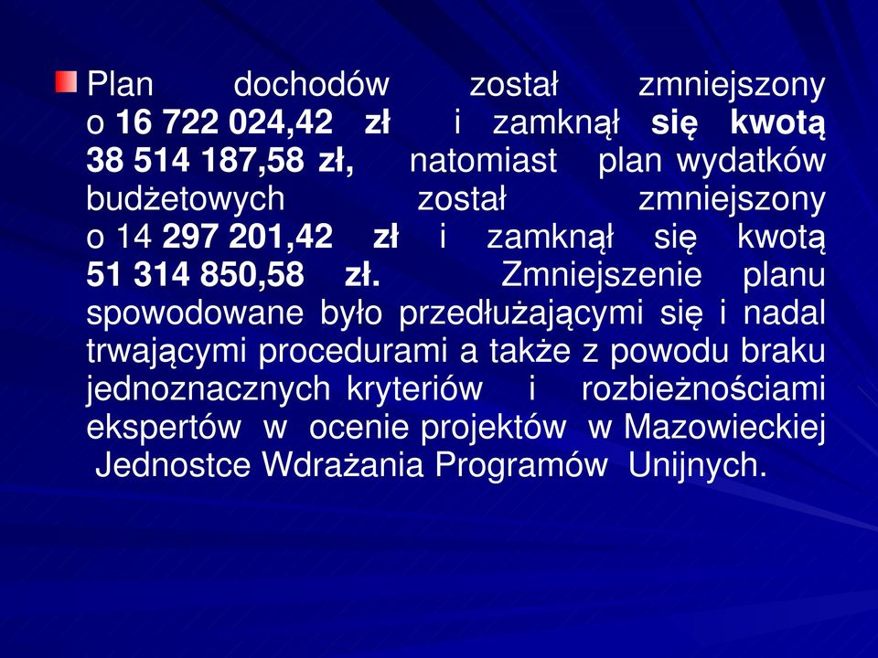 Zmniejszenie planu spowodowane było przedłużającymi się i nadal trwającymi procedurami a także z powodu braku