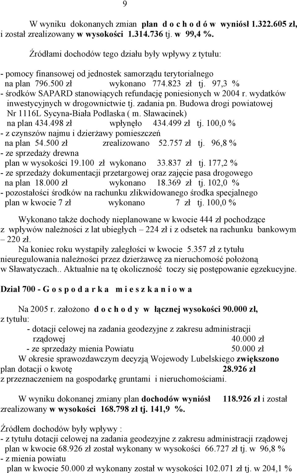 97,3 % - środków SAPARD stanowiących refundację poniesionych w 2004 r. wydatków inwestycyjnych w drogownictwie tj. zadania pn. Budowa drogi powiatowej Nr 1116L Sycyna-Biała Podlaska ( m.