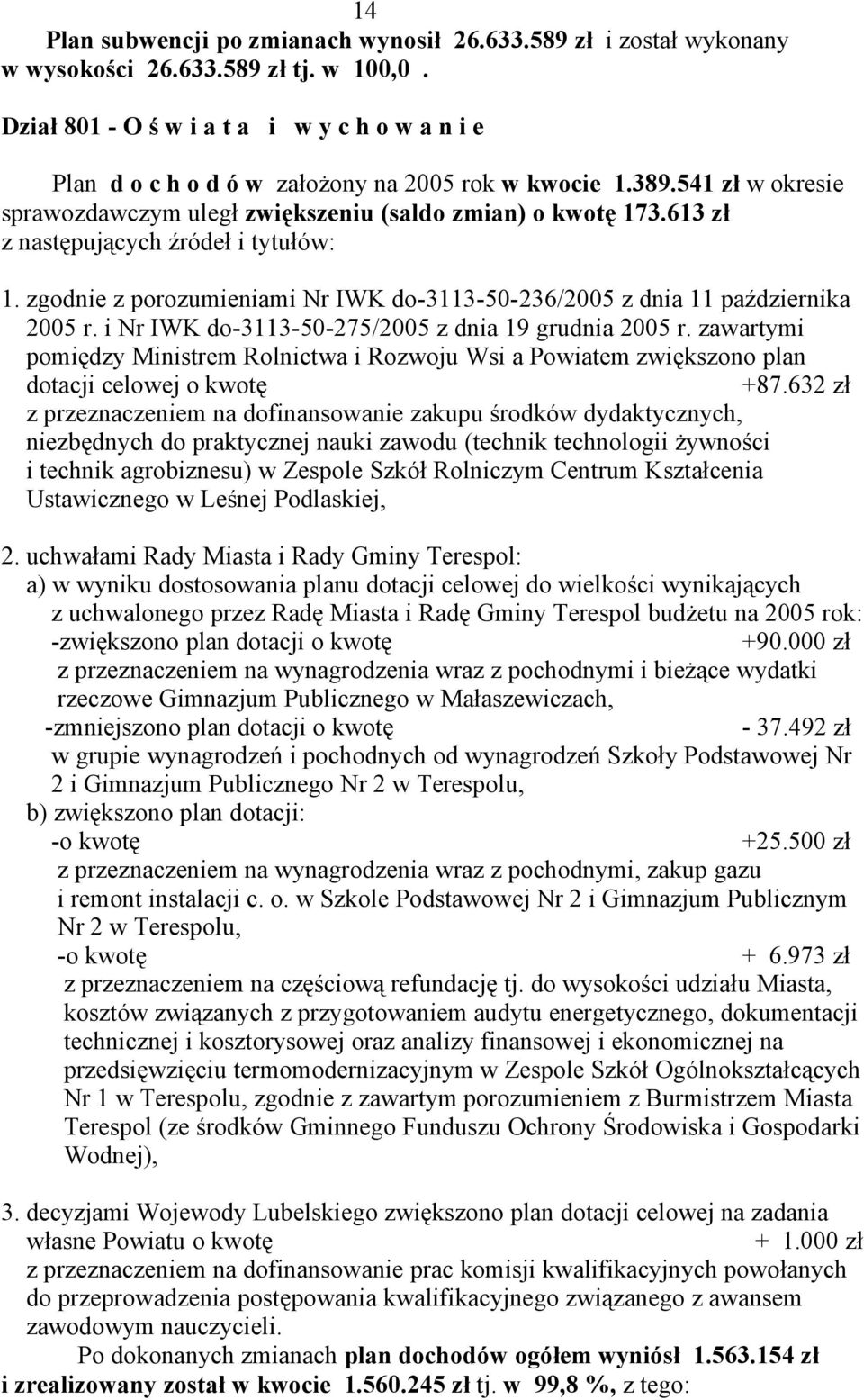 613 zł z następujących źródeł i tytułów: 1. zgodnie z porozumieniami Nr IWK do-3113-50-236/2005 z dnia 11 października 2005 r. i Nr IWK do-3113-50-275/2005 z dnia 19 grudnia 2005 r.