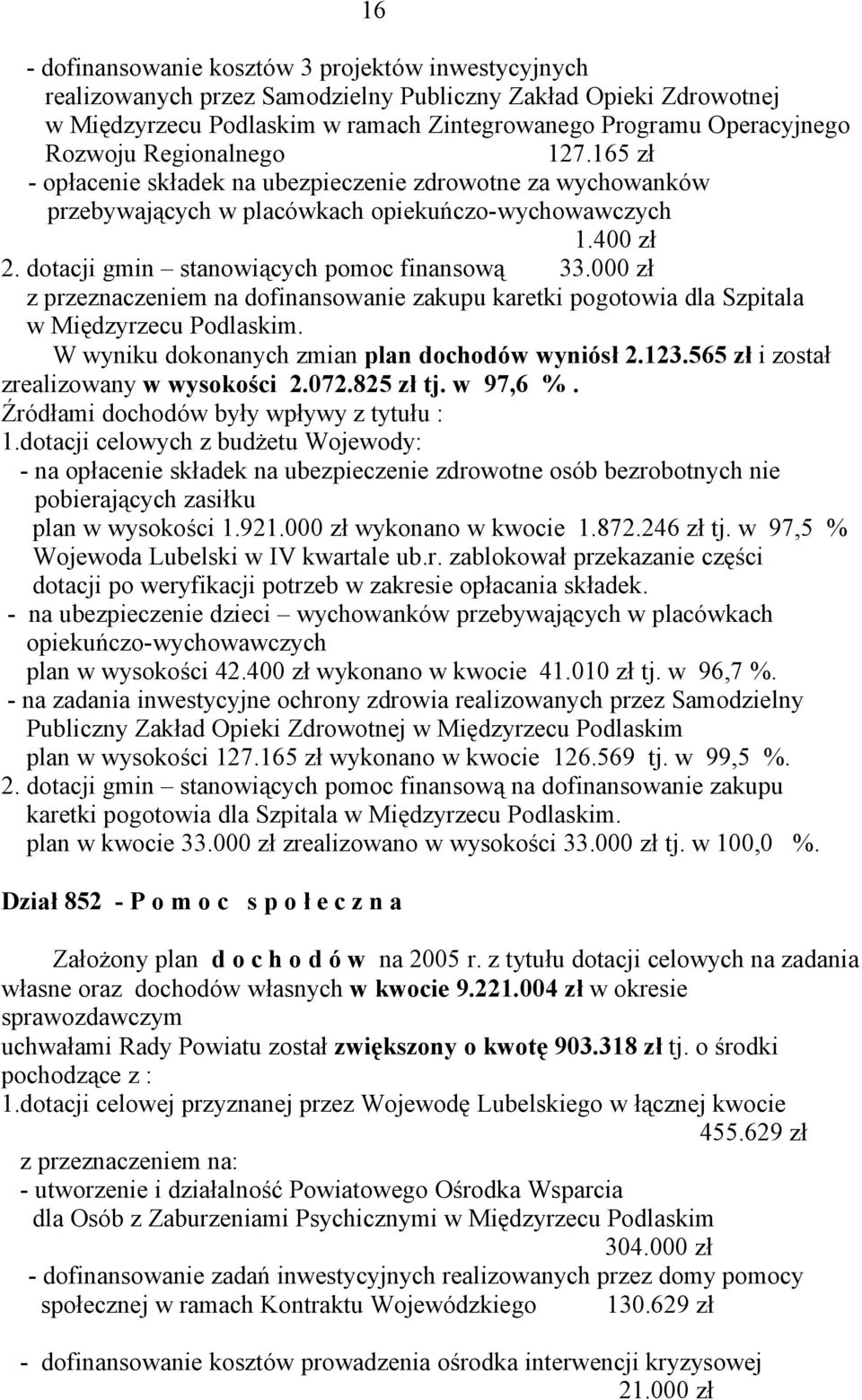 000 zł z przeznaczeniem na dofinansowanie zakupu karetki pogotowia dla Szpitala w Międzyrzecu Podlaskim. W wyniku dokonanych zmian plan dochodów wyniósł 2.123.