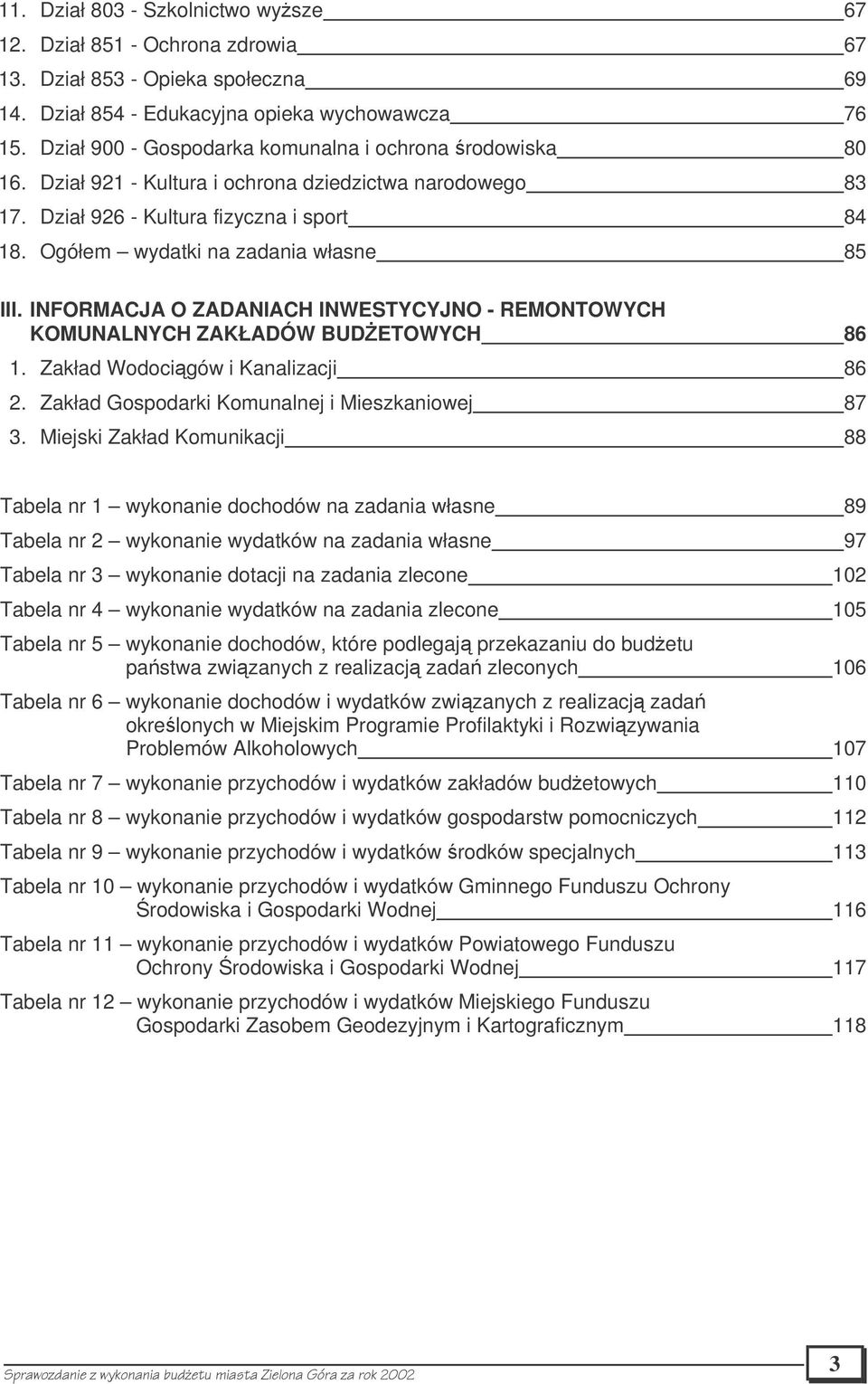 Ogółem wydatki na zadania własne 85 III. INFORMACJA O ZADANIACH INWESTYCYJNO - REMONTOWYCH KOMUNALNYCH ZAKŁADÓW BUDETOWYCH 86 1. Zakład Wodocigów i Kanalizacji 86 2.