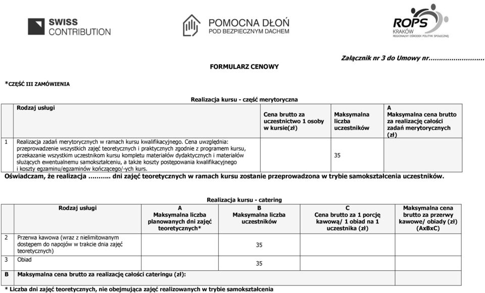 Cena uwzględnia: przeprowadzenie wszystkich zajęć teoretycznych i praktycznych zgodnie z programem kursu, przekazanie wszystkim uczestnikom kursu kompletu materiałów dydaktycznych i materiałów