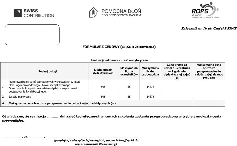 Realizacja szkolenia - część merytoryczna Liczba godzin dydaktycznych osobogodzin 595 25 14875 2 Zajęcia praktyczne 595 25 14875 Cena brutto za udział 1 uczestnika w 1 godzinie dydaktycznej zajęć