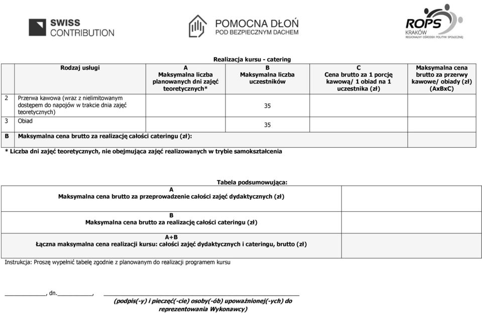 przerwy kawowe/ obiady (zł) (xxc) Tabela podsumowująca: cena brutto za przeprowadzenie całości zajęć dydaktycznych (zł) cena brutto za realizację całości cateringu (zł) + Łączna maksymalna cena