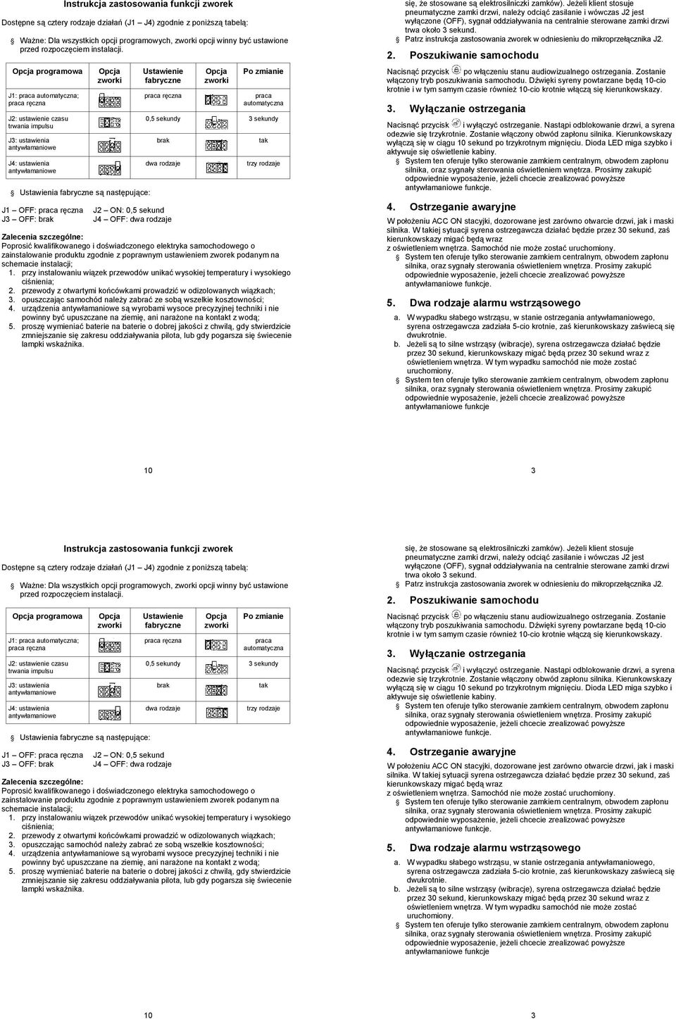 programowa J1: praca automatyczna; J2: ustawienie czasu trwania impulsu J3: ustawienia J4: ustawienia Ustawienia fabryczne są następujące: J1 OFF: J3 OFF: brak Ustawienie fabryczne Po zmianie praca