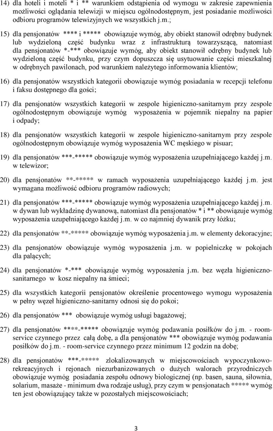 ; 15) dla pensjonatów **** i ***** obowiązuje wymóg, aby obiekt stanowił odrębny budynek lub wydzieloną część budynku wraz z infrastrukturą towarzyszącą, natomiast dla pensjonatów *-*** obowiązuje