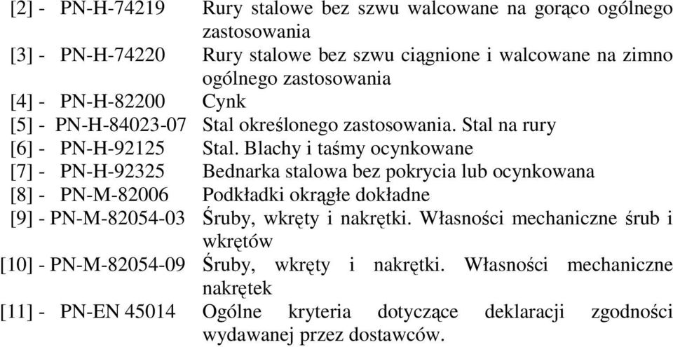 Blachy i taśmy ocynkowane [7] - PN-H-92325 Bednarka stalowa bez pokrycia lub ocynkowana [8] - PN-M-82006 Podkładki okrągłe dokładne [9] - PN-M-82054-03 Śruby, wkręty