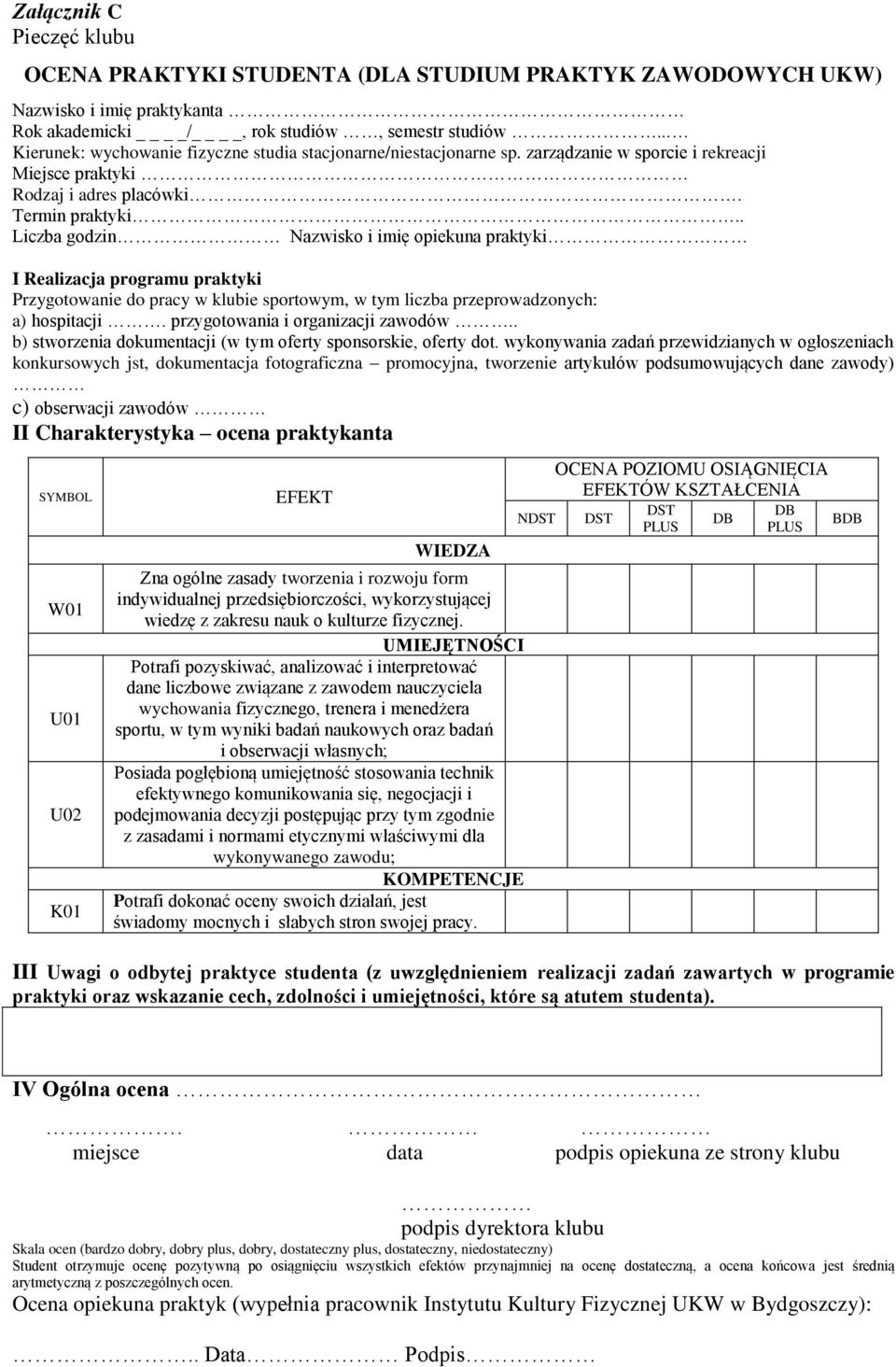 . Liczba godzin Nazwisko i imię opiekuna praktyki I Realizacja programu praktyki Przygotowanie do pracy w klubie sportowym, w tym liczba przeprowadzonych: a) hospitacji.