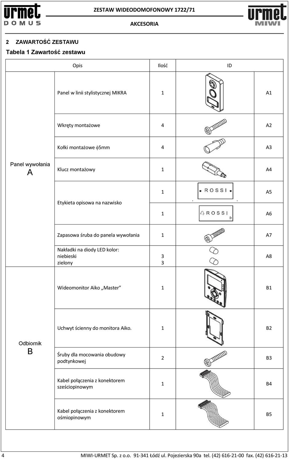. A5 1 A6 Zapasowa śruba do panela wywołania 1 A7 Nakładki na diody LED kolor: niebieski zielony 3 3 A8 Wideomonitor Aiko Master 1 B1 Uchwyt ścienny do monitora
