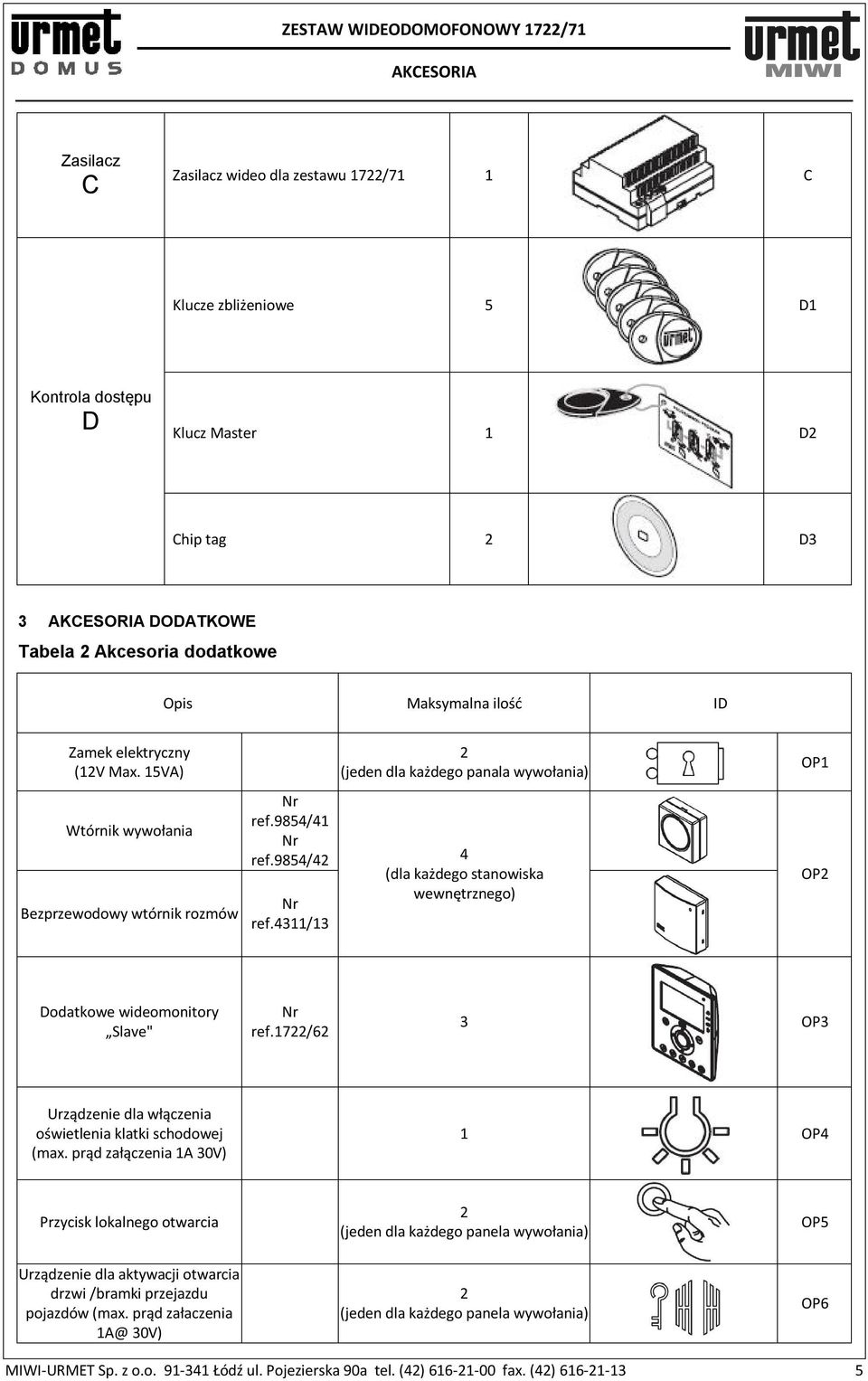9854/42 4 (dla każdego stanowiska wewnętrznego) Nr ref.4311/13 OP1 OP2 Dodatkowe wideomonitory Slave" Nr ref.1722/62 3 OP3 Urządzenie dla włączenia oświetlenia klatki schodowej (max.
