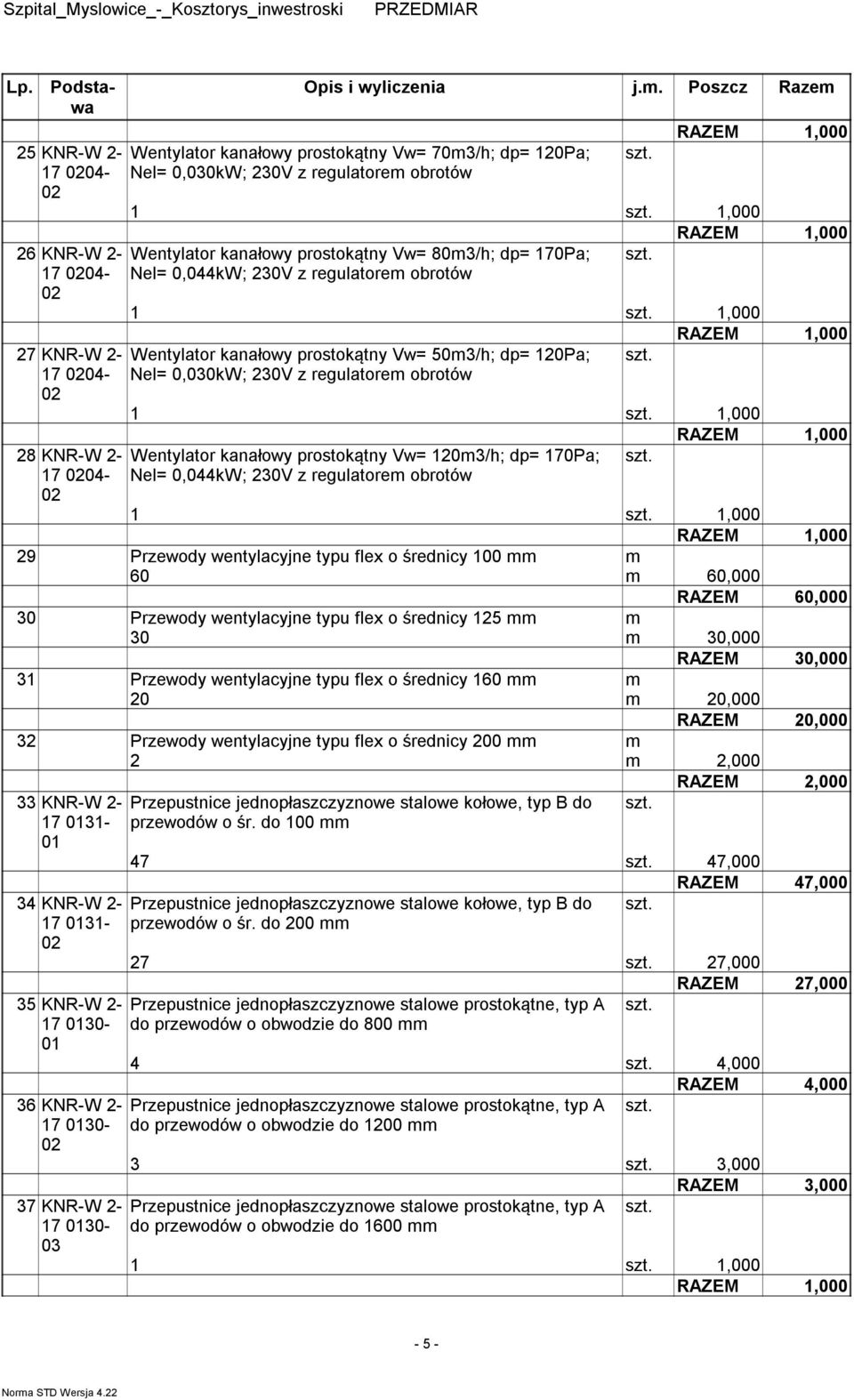 120Pa; Nel= 0,030kW; Wentylator kanałowy prostokątny Vw= 120m3/h; dp= 170Pa; Nel= 0,044kW; 29 Przewody wentylacyjne typu flex o średnicy 100 mm m 60 m 60,000 RAZEM 60,000 30 Przewody wentylacyjne