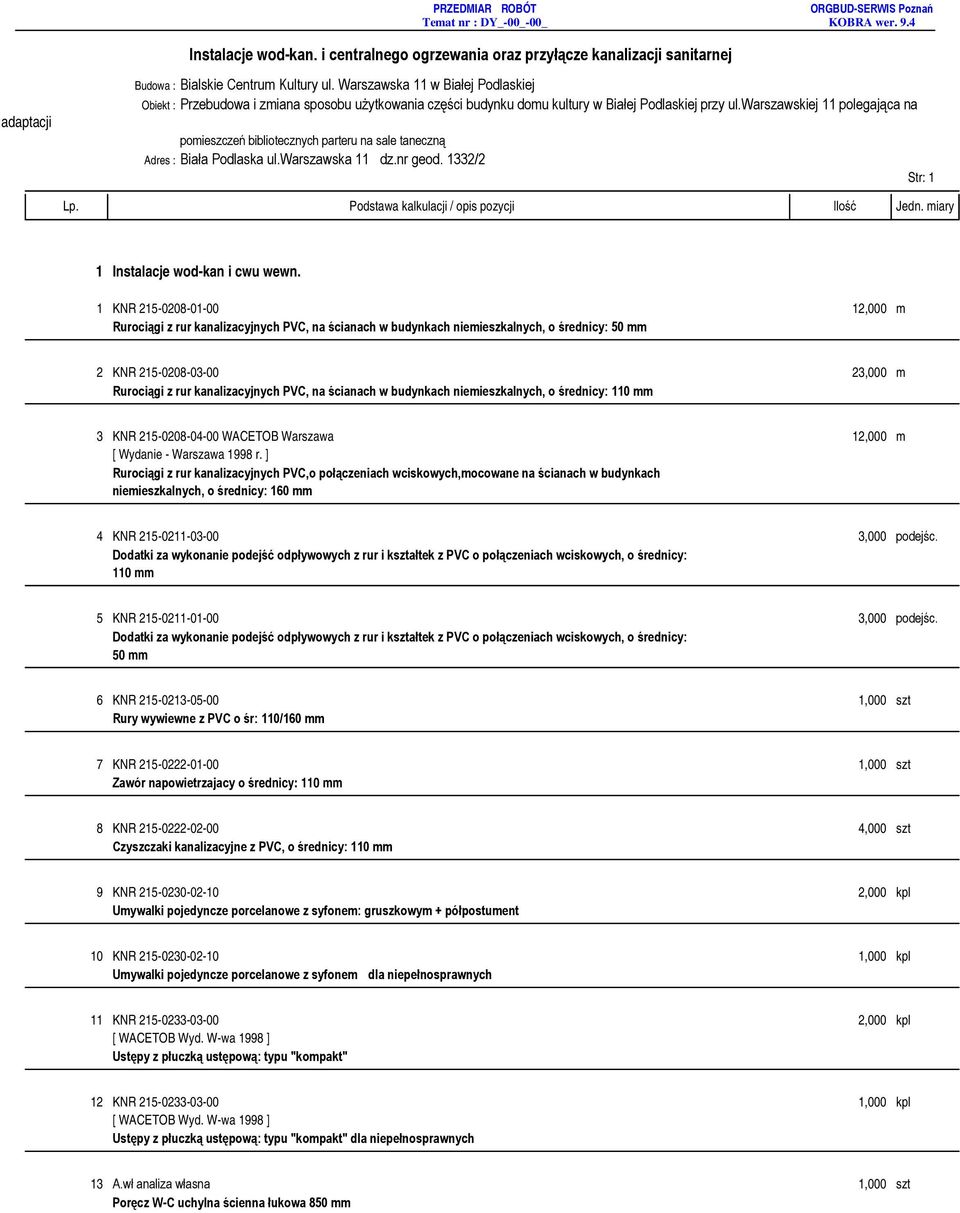 1 KNR 215-0208-01-00 12,000 m Rurociągi z rur kanalizacyjnych PVC, na ścianach w budynkach niemieszkalnych, o średnicy: 50 mm 2 KNR 215-0208-03-00 23,000 m Rurociągi z rur kanalizacyjnych PVC, na