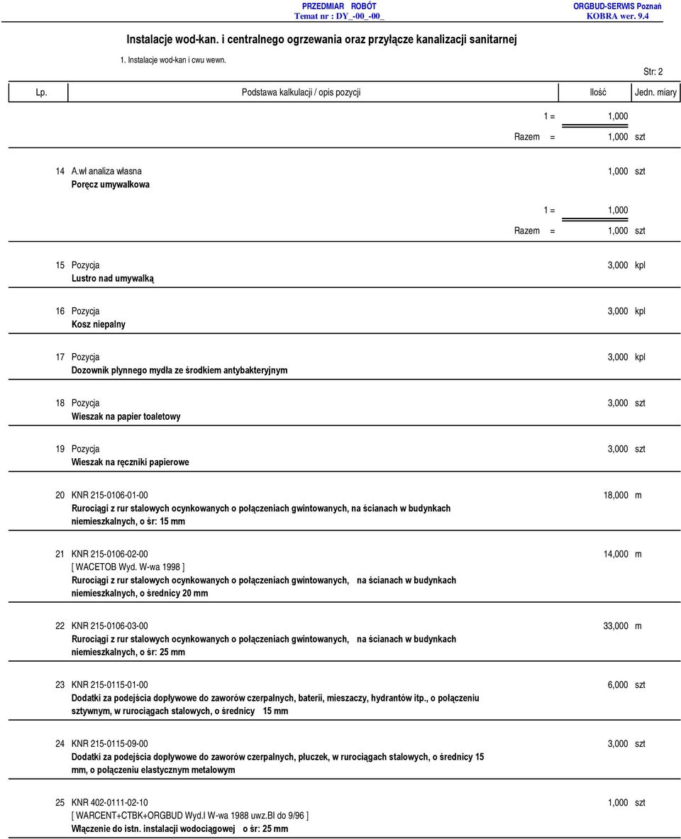 środkiem antybakteryjnym 18 Pozycja 3,000 szt Wieszak na papier toaletowy 19 Pozycja 3,000 szt Wieszak na ręczniki papierowe 20 KNR 215-0106-01-00 18,000 m Rurociągi z rur stalowych ocynkowanych o