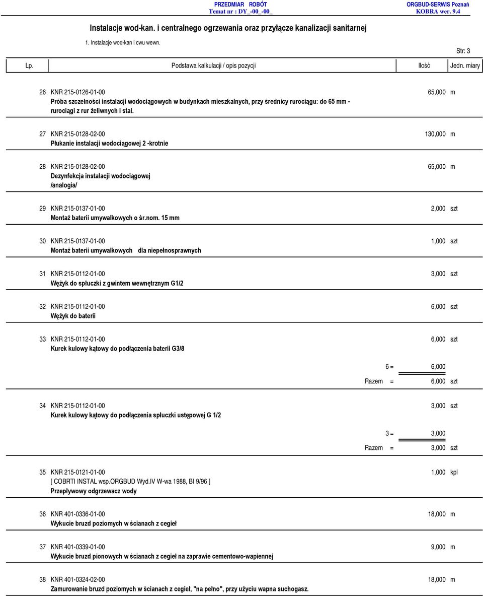 27 KNR 215-0128-02-00 130,000 m Płukanie instalacji wodociągowej 2 -krotnie 28 KNR 215-0128-02-00 65,000 m Dezynfekcja instalacji wodociągowej /analogia/ 29 KNR 215-0137-01-00 2,000 szt Montaż