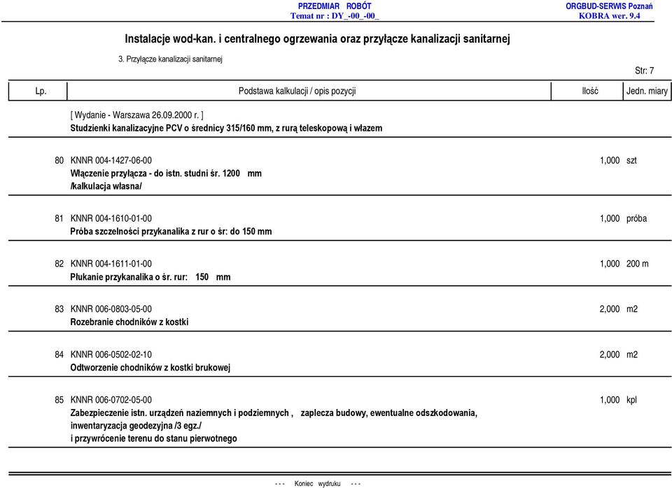 1200 mm /kalkulacja własna/ 81 KNNR 004-1610-01-00 1,000 próba Próba szczelności przykanalika z rur o śr: do 150 mm 82 KNNR 004-1611-01-00 1,000 200 m Płukanie przykanalika o śr.