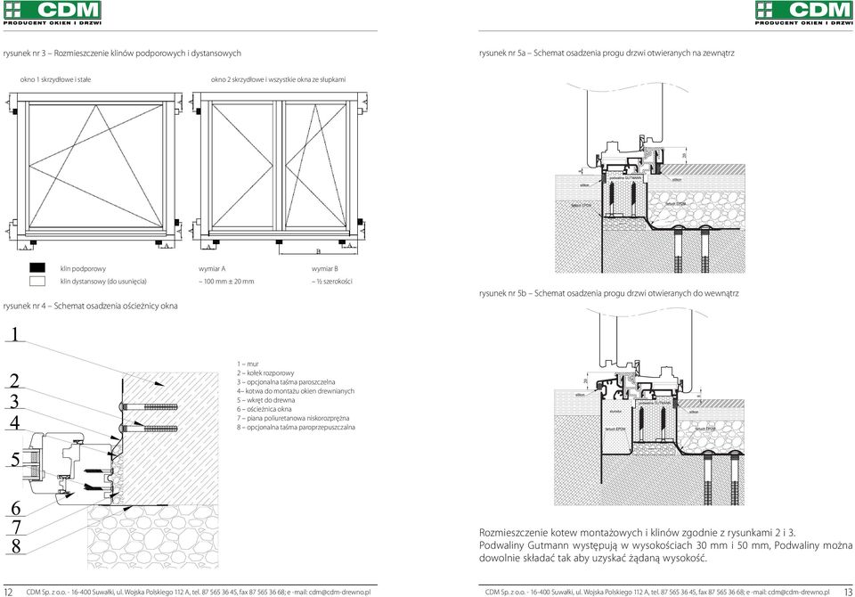 otwieranych do wewnątrz 1 mur 2 kołek rozporowy 3 opcjonalna taśma paroszczelna 4 kotwa do montażu okien drewnianych 5 wkręt do drewna 6 ościeżnica okna 7 piana poliuretanowa niskorozprężna 8