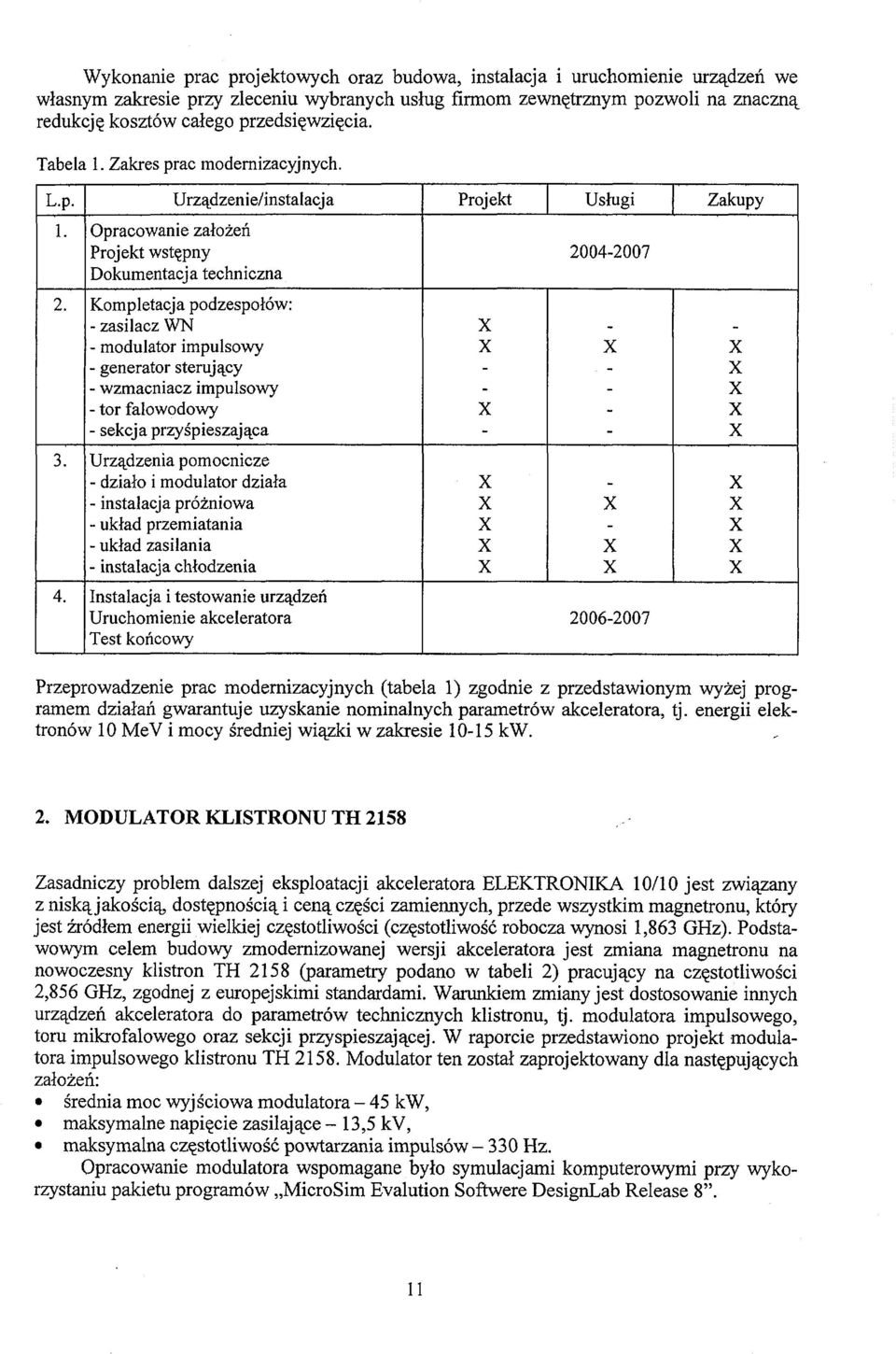 Kompletacja podzespołów: zasilacz WN modulator impulsowy generator sterujący wzmacniacz impulsowy tor falowodowy sekcja przyśpieszająca 3.