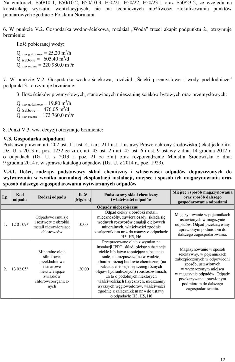 , otrzymuje brzmienie: Ilość pobieranej wody: Q max godzinowe = 25,20 m 3 /h Q śr dobowe = 605,40 m 3 /d Q max roczne = 220 980,0 m 3 /r 7. W punkcie V.2. Gospodarka wodno-ściekowa, rozdział Ścieki przemysłowe i wody pochłodnicze podpunkt 3.