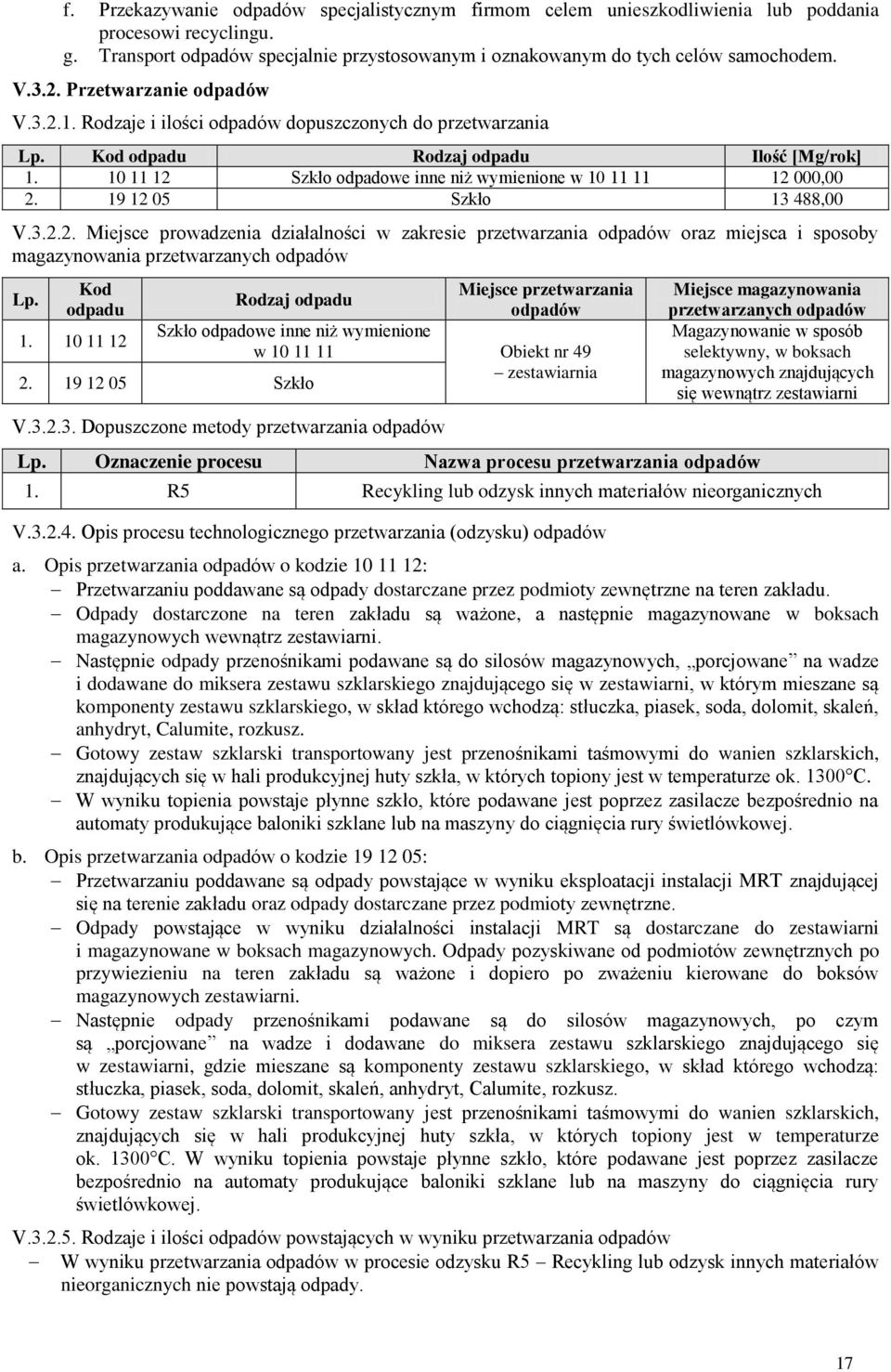 10 11 12 Szkło odpadowe inne niż wymienione w 10 11 11 12 000,00 2. 19 12 05 Szkło 13 488,00 V.3.2.2. Miejsce prowadzenia działalności w zakresie przetwarzania odpadów oraz miejsca i sposoby magazynowania przetwarzanych odpadów Lp.