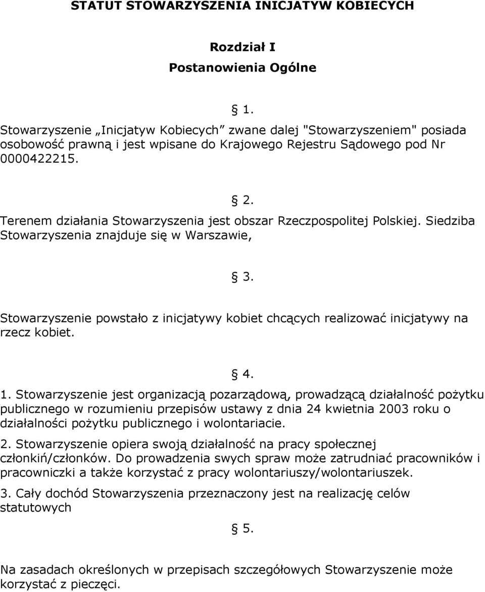 Terenem działania Stowarzyszenia jest obszar Rzeczpospolitej Polskiej. Siedziba Stowarzyszenia znajduje się w Warszawie, 3.