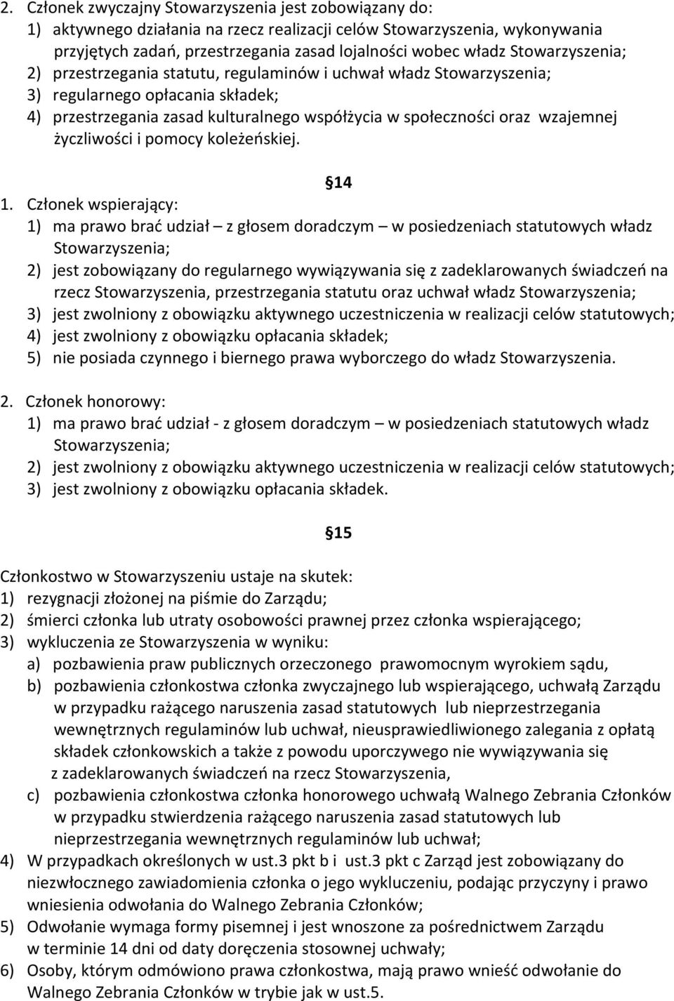 14 1. Członek wspierający: 1) ma prawo brać udział z głosem doradczym w posiedzeniach statutowych władz 2) jest zobowiązany do regularnego wywiązywania się z zadeklarowanych świadczeń na rzecz