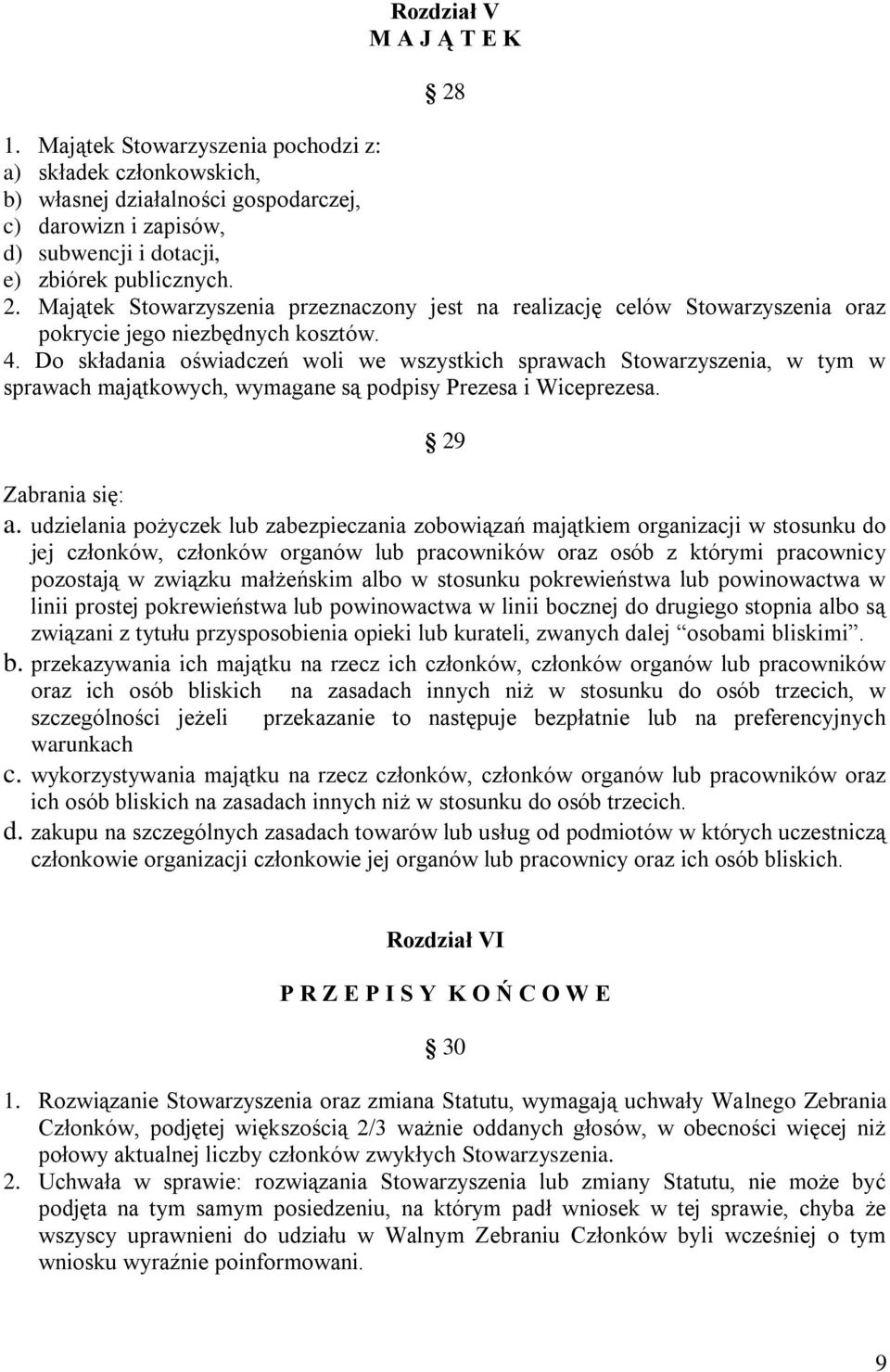 Do składania oświadczeń woli we wszystkich sprawach Stowarzyszenia, w tym w sprawach majątkowych, wymagane są podpisy Prezesa i Wiceprezesa. 29 Zabrania się: a.