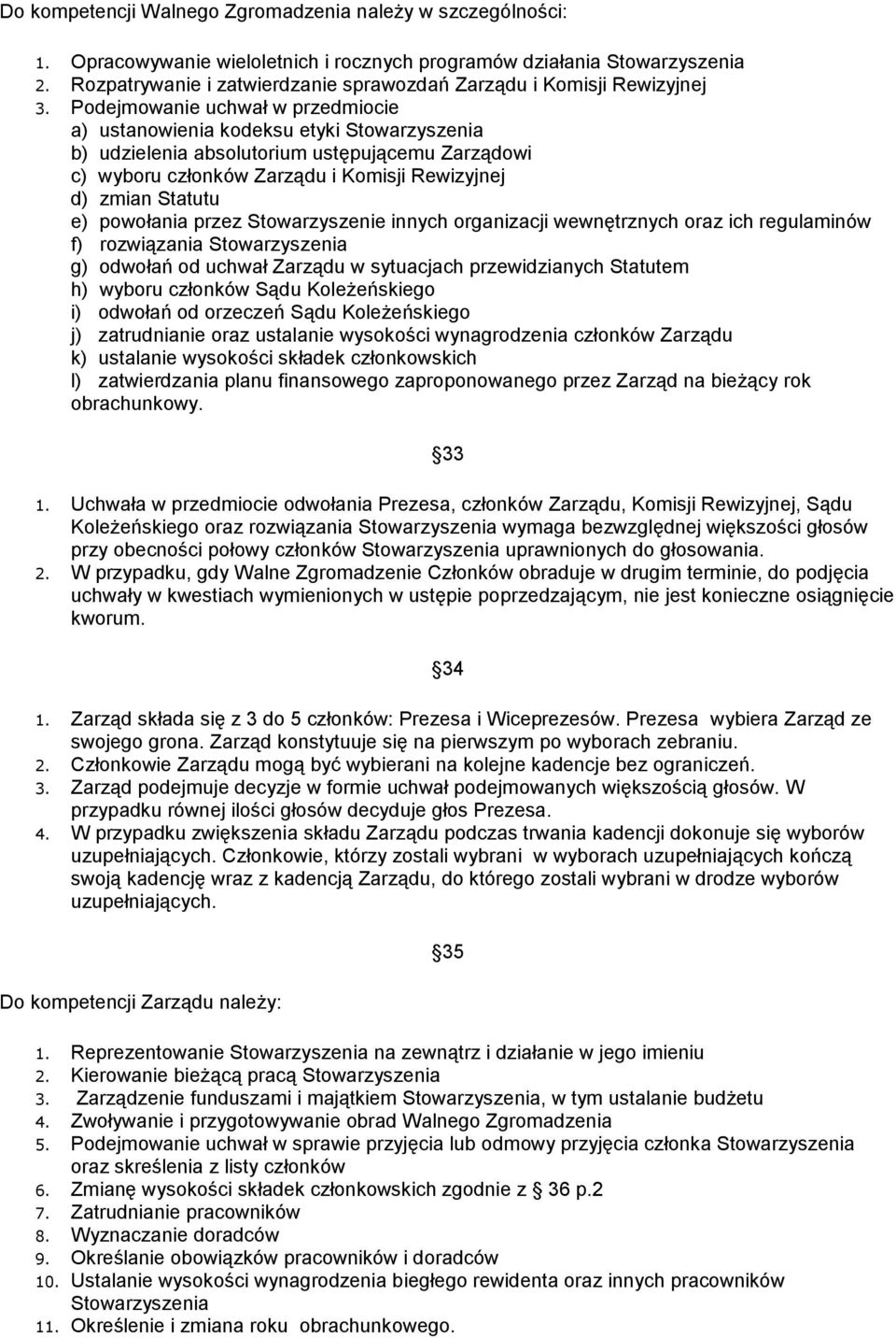 Podejmowanie uchwał w przedmiocie a) ustanowienia kodeksu etyki Stowarzyszenia b) udzielenia absolutorium ustępującemu Zarządowi c) wyboru członków Zarządu i Komisji Rewizyjnej d) zmian Statutu e)