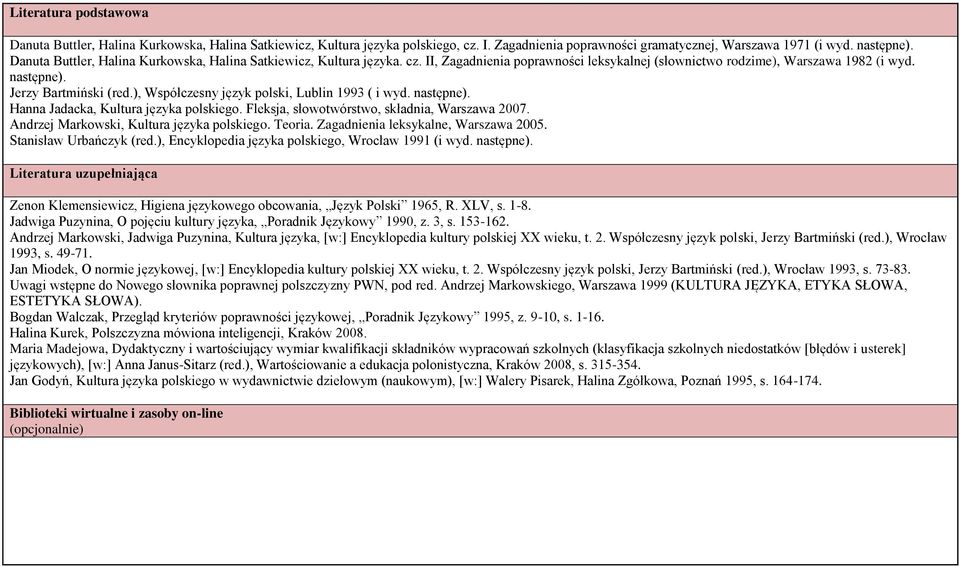 ), Współczesny język polski, Lublin 1993 ( i wyd. następne). Hanna Jadacka, Kultura języka polskiego. Fleksja, słowotwórstwo, składnia, Warszawa 007. Andrzej Markowski, Kultura języka polskiego.