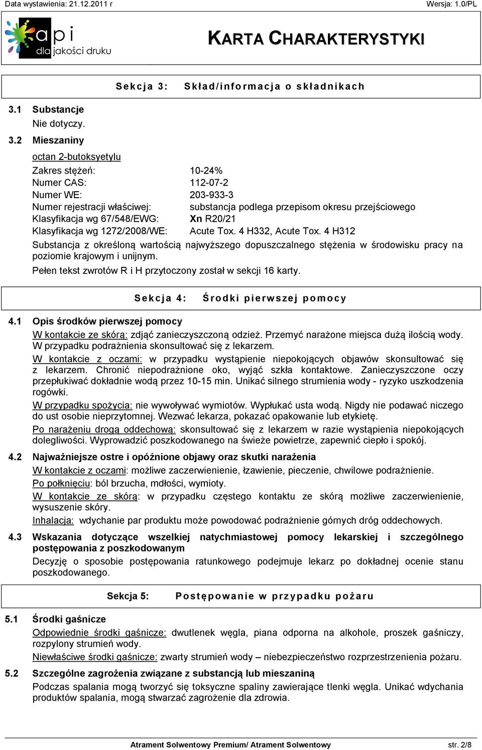 67/548/EWG: Xn R20/21 Klasyfikacja wg 1272/2008/WE: Acute Tox. 4 H332, Acute Tox.