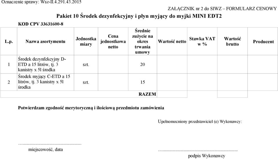 dezynfekcyjny D- 1 ETD a 15 litrów, tj. 3 szt.