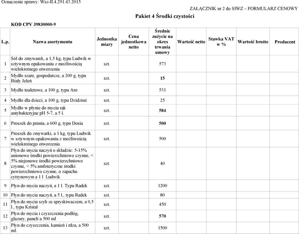 573 wielokrotnego otworzenia 2 Mydło szare, gospodarcze, a 200 g, typu Biały Jeleń szt. 15 3 Mydło toaletowe, a 100 g, typu Aro szt. 531 4 Mydło dla dzieci, a 100 g, typu Dzidziuś szt.