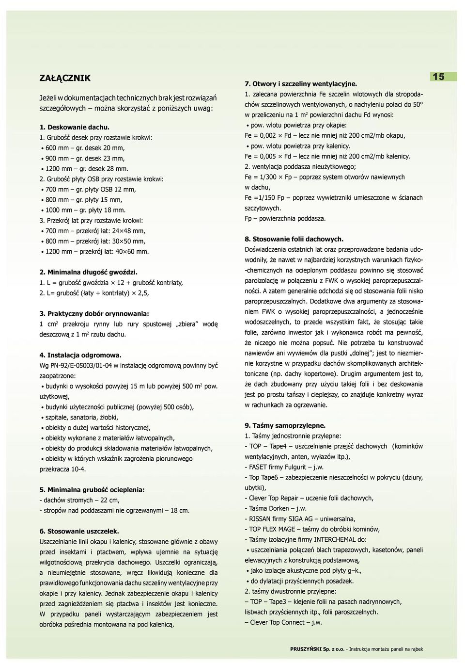 Przekrój lat przy rozstawie krokwi: 700 mm przekrój łat: 24 48 mm, 800 mm przekrój łat: 30 50 mm, 1200 mm przekrój łat: 40 60 mm. 2. Minimalna długość gwoździ. 1. L = grubość gwoździa 12 + grubość kontrłaty, 2.