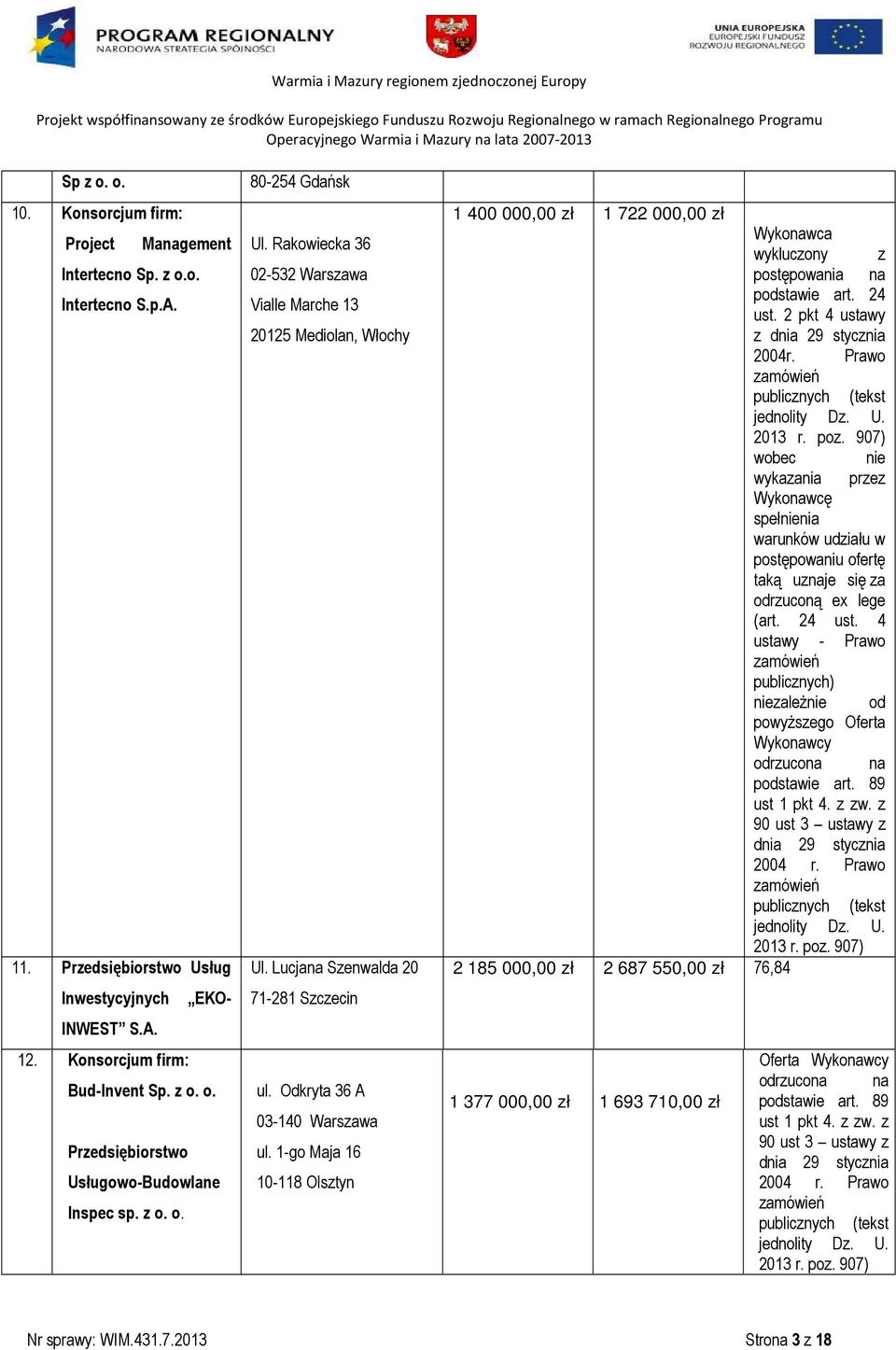 1-go Maja 16 10-118 Olsztyn 1 400 000,00 zł 1 722 000,00 zł Wykonawca wykluczony z postępowania na podstawie art. 24 ust. 2 pkt 4 ustawy z dnia 29 stycznia 2004r.