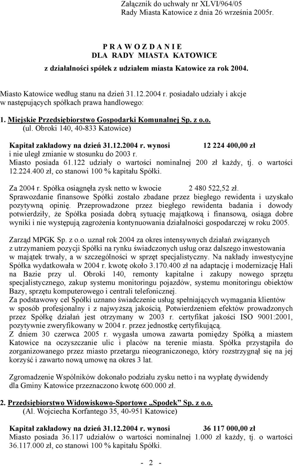 Obroki 140, 40-833 Katowice) Kapitał zakładowy na dzień 31.12.2004 r. wynosi 12 224 400,00 zł i nie uległ zmianie w stosunku do 2003 r. Miasto posiada 61.