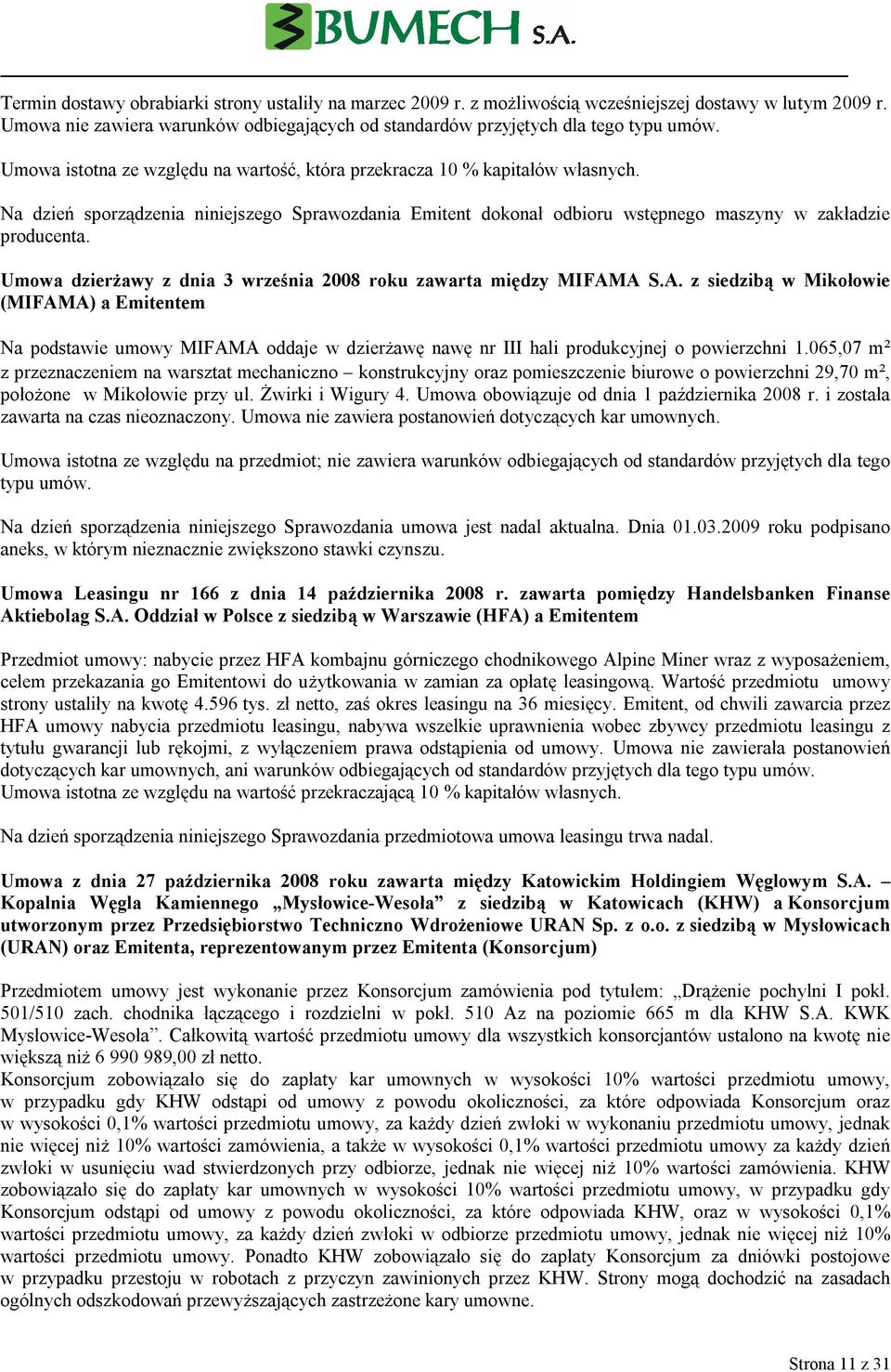 Umowa dzierżawy z dnia 3 września 2008 roku zawarta między MIFAMA z siedzibą w Mikołowie (MIFAMA) a Emitentem Na podstawie umowy MIFAMA oddaje w dzierżawę nawę nr III hali produkcyjnej o powierzchni